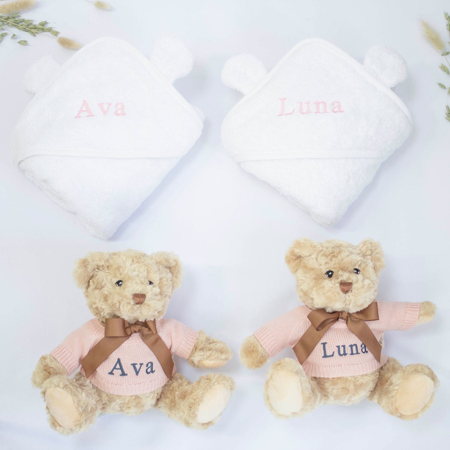 Twins Pink Teddy & Towel Personalised Baby Gift Set by The Baby Gifting Co.