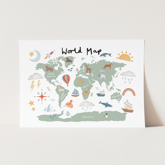Kid of the Village World Map Art Print - White