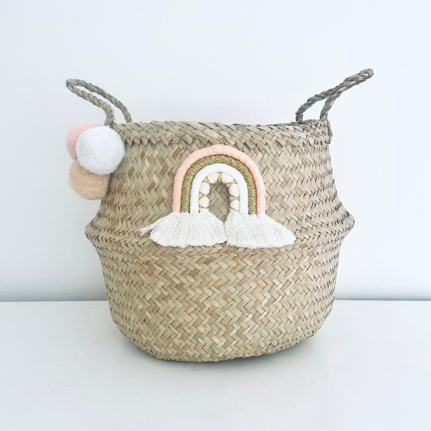 Bellybambino Macrame Rainbow Pom Pom Seagrass Basket - Large