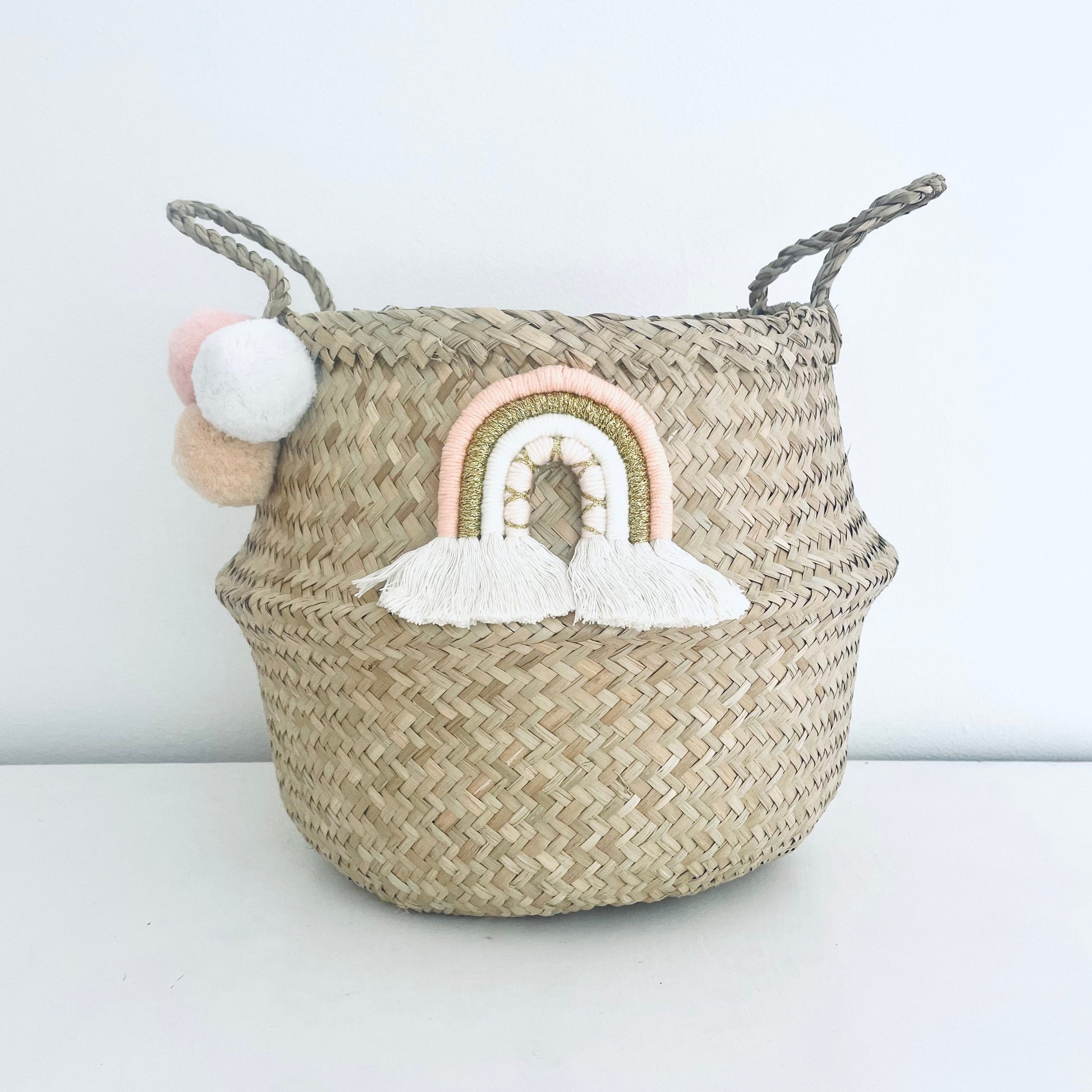 Bellybambino Macrame Rainbow Pom Pom Seagrass Basket - Large