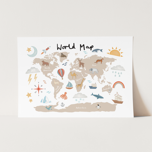Kid of the Village World Map Art Print - Beige