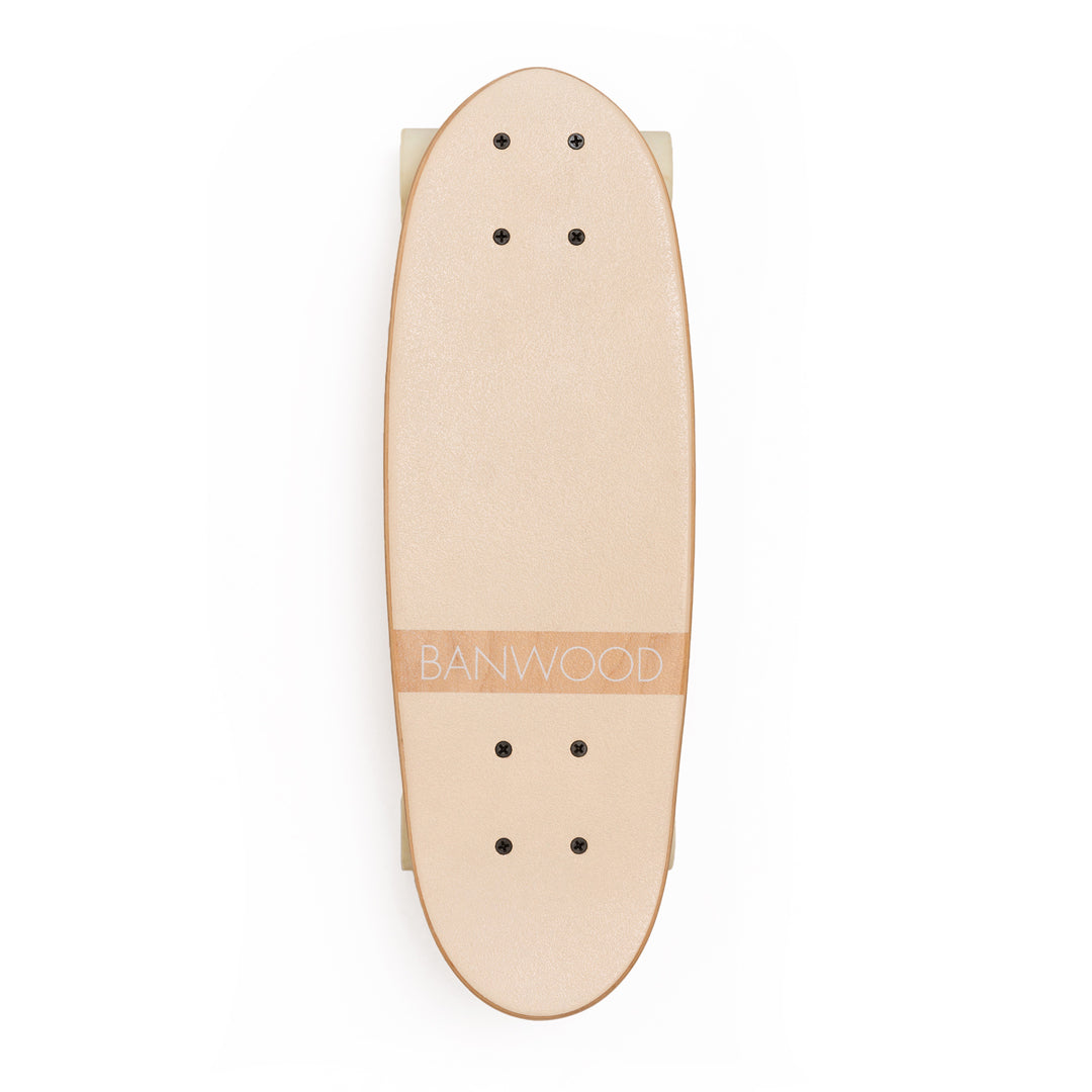 Plain wooden skateboard deck with 'Bamwood' branding on a white background