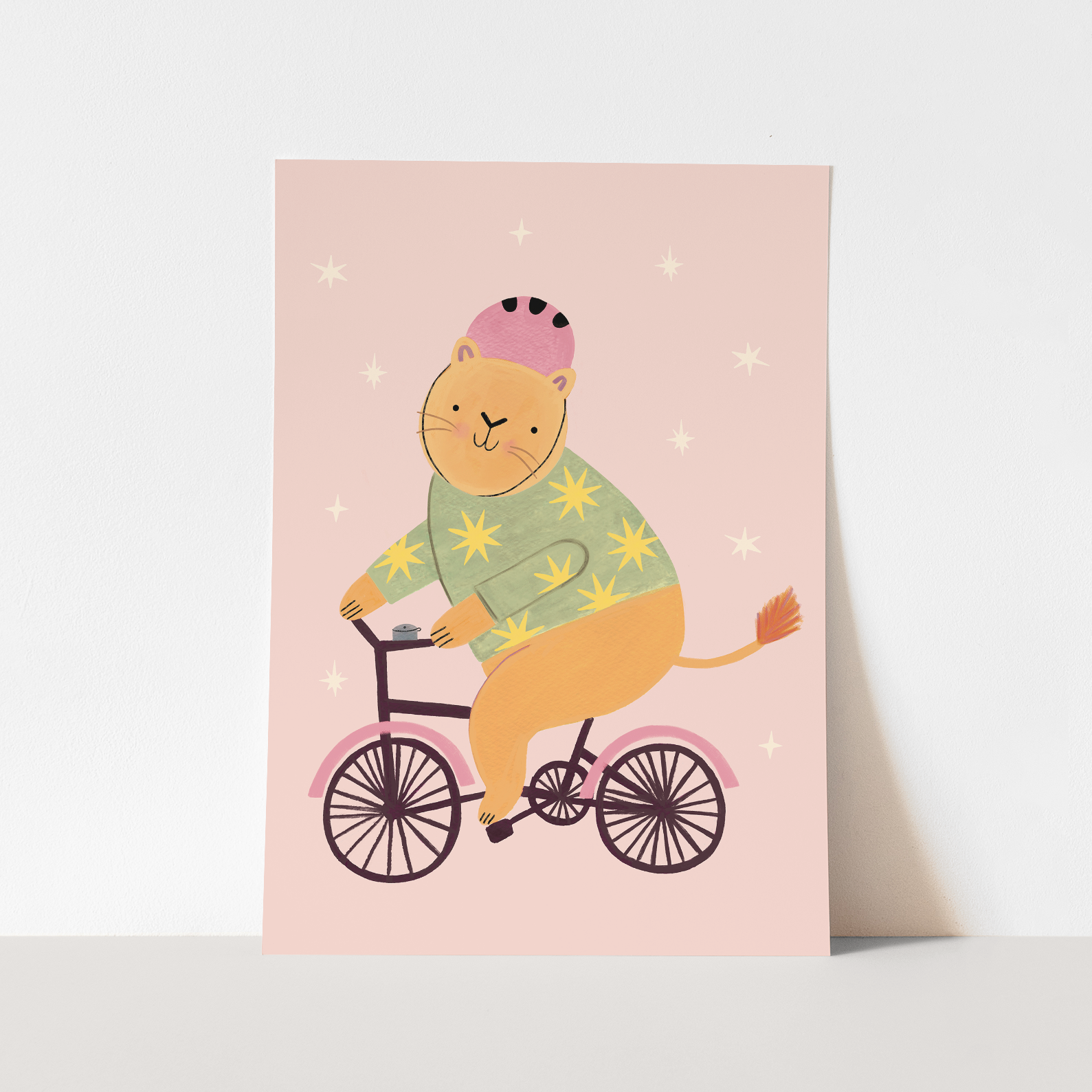 Kid of the Village Cycling Lion in Pink Art Print
