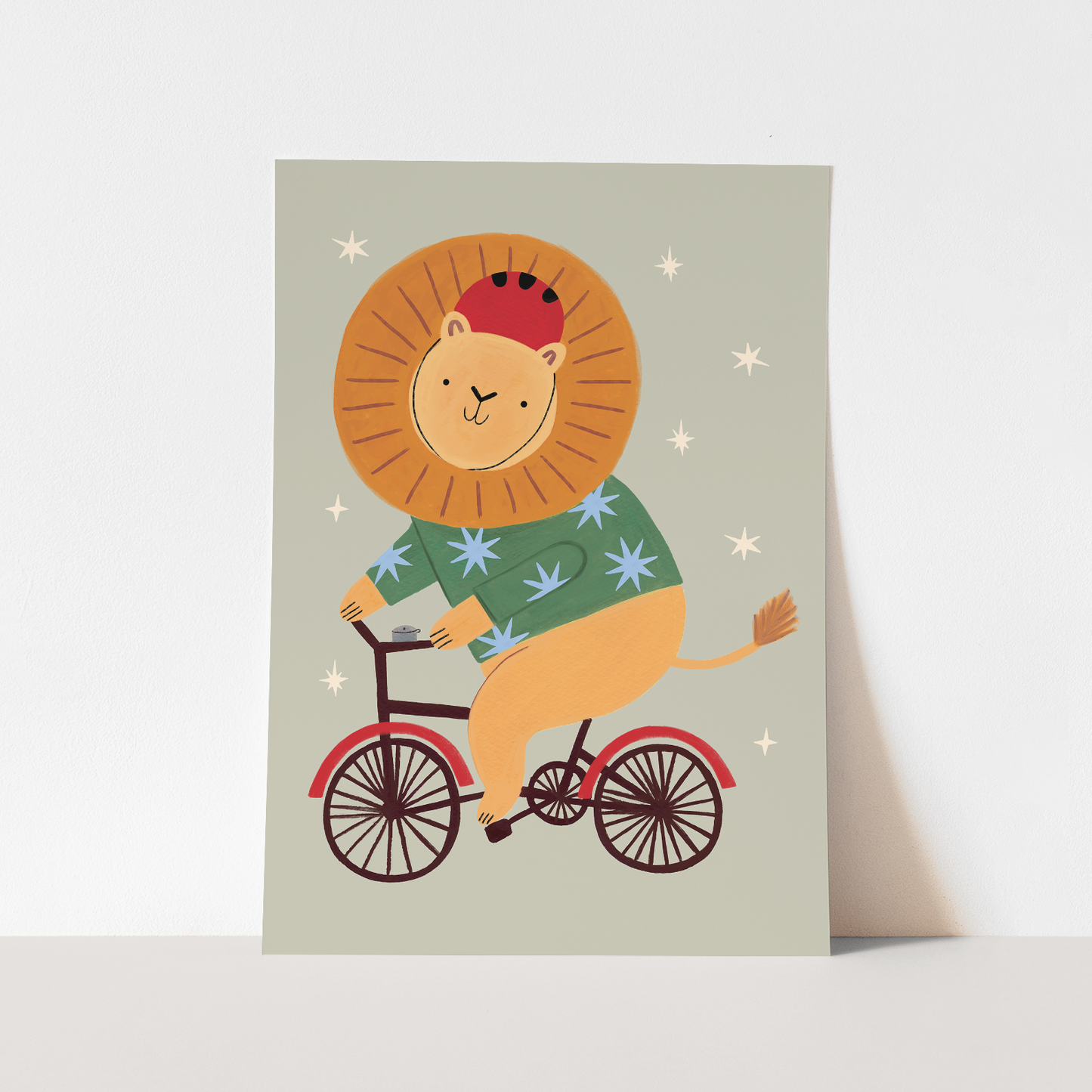 Kid of the Village Cycling Lion in Sage Art Print