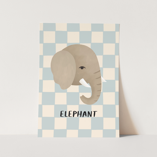 Kid of the Village Elephant Check Art Print - Blue
