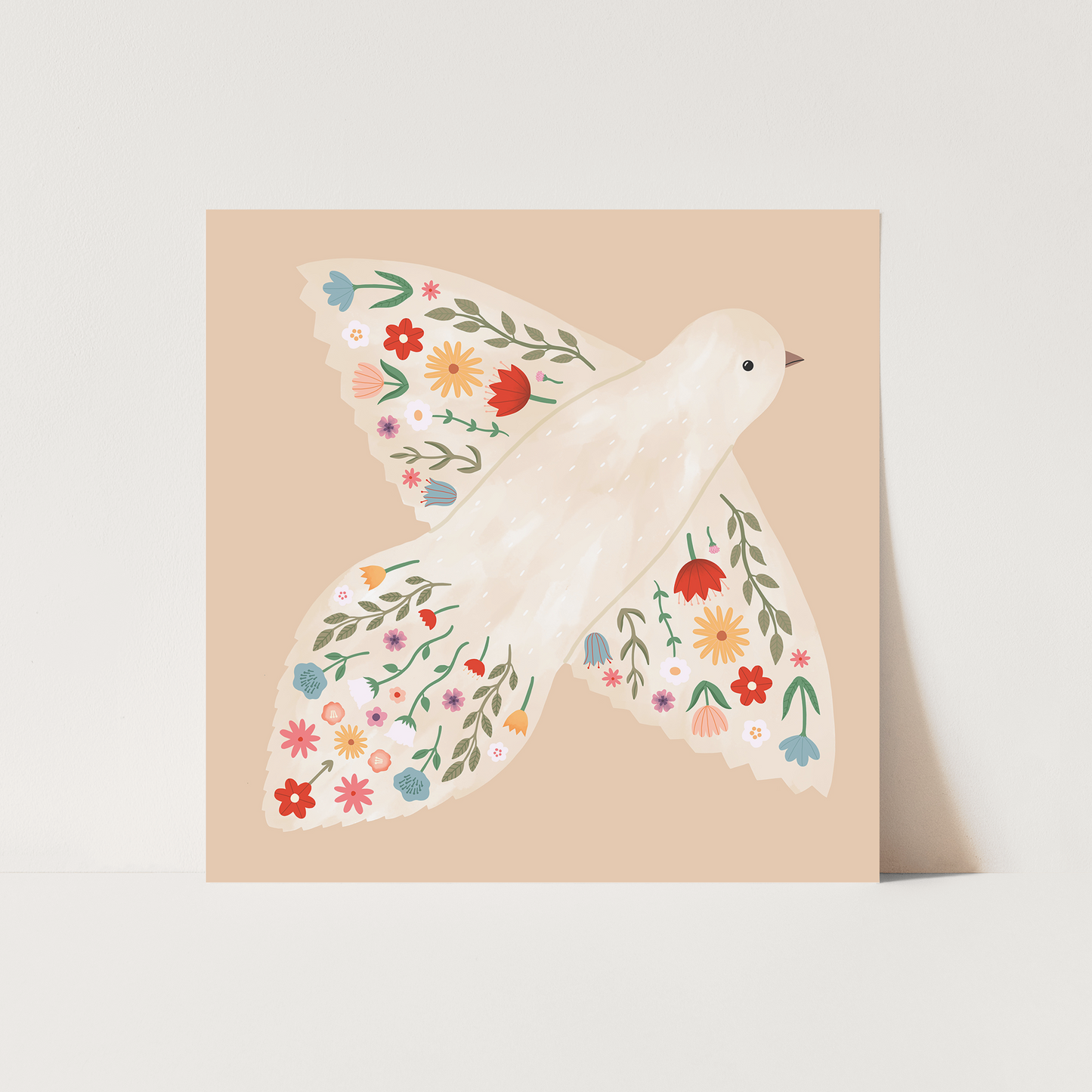 Kid of the Village Floral Dove Art Print - Peach