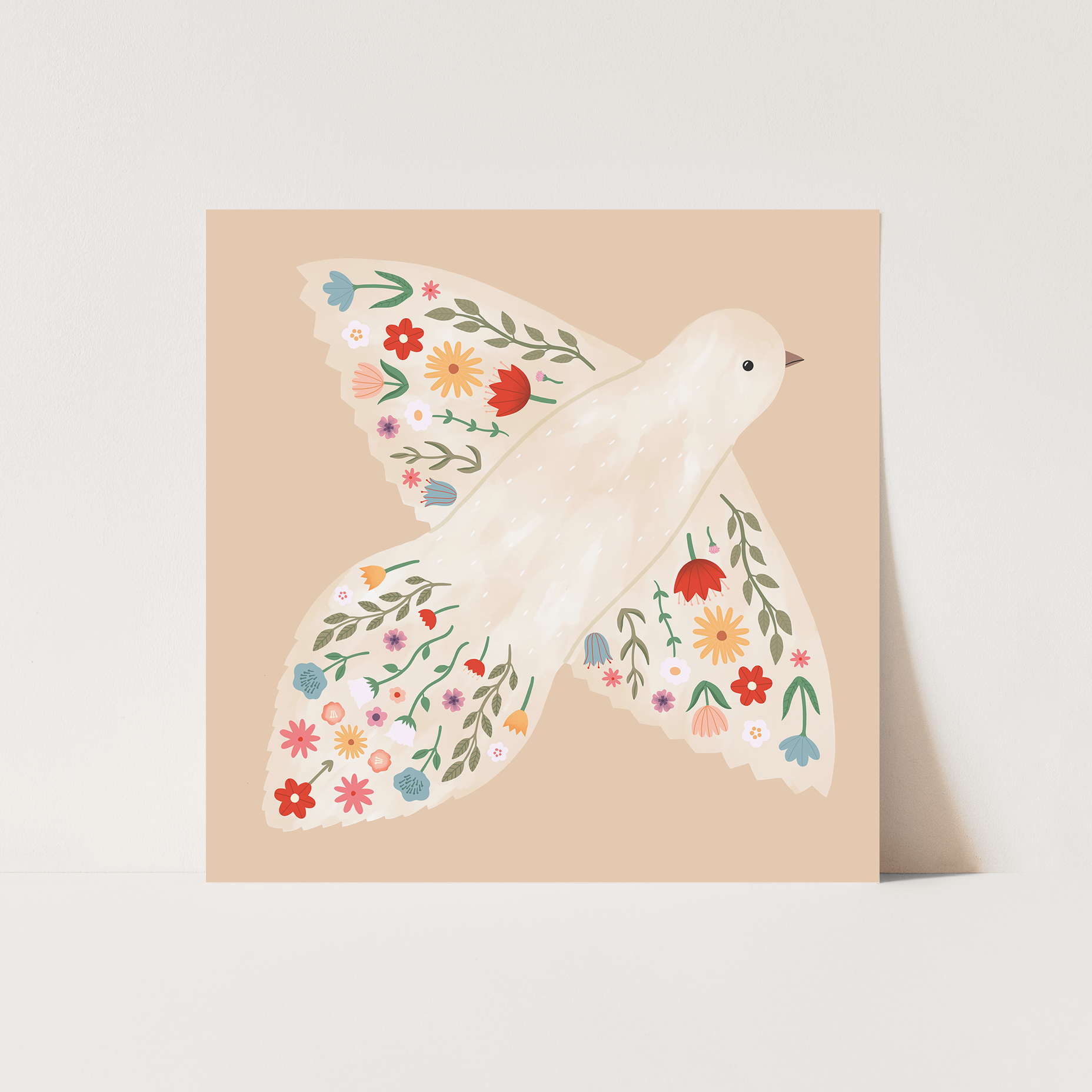Kid of the Village Floral Dove Art Print - Peach