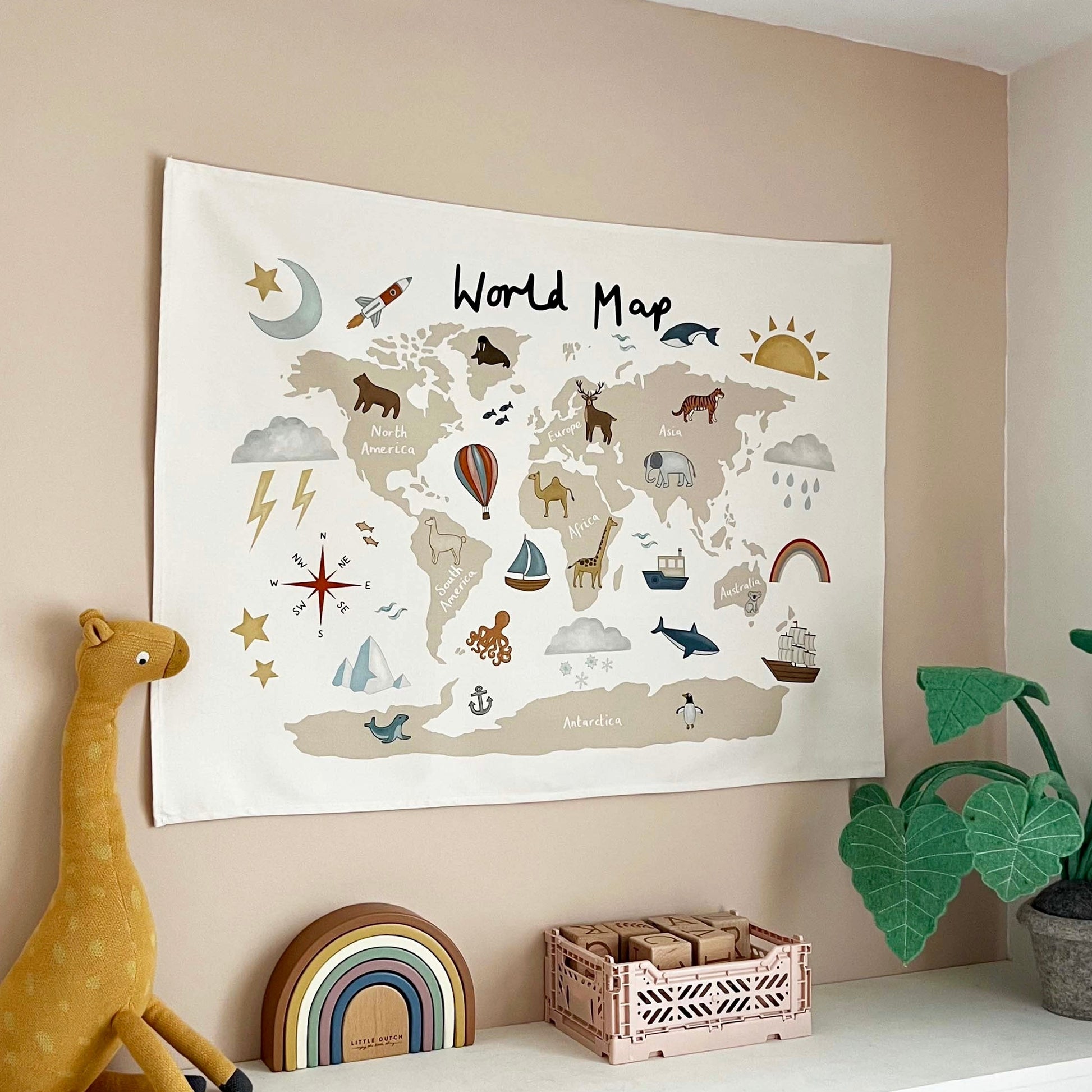 Kid of the Village World Map Wall Hanging - Beige - Large