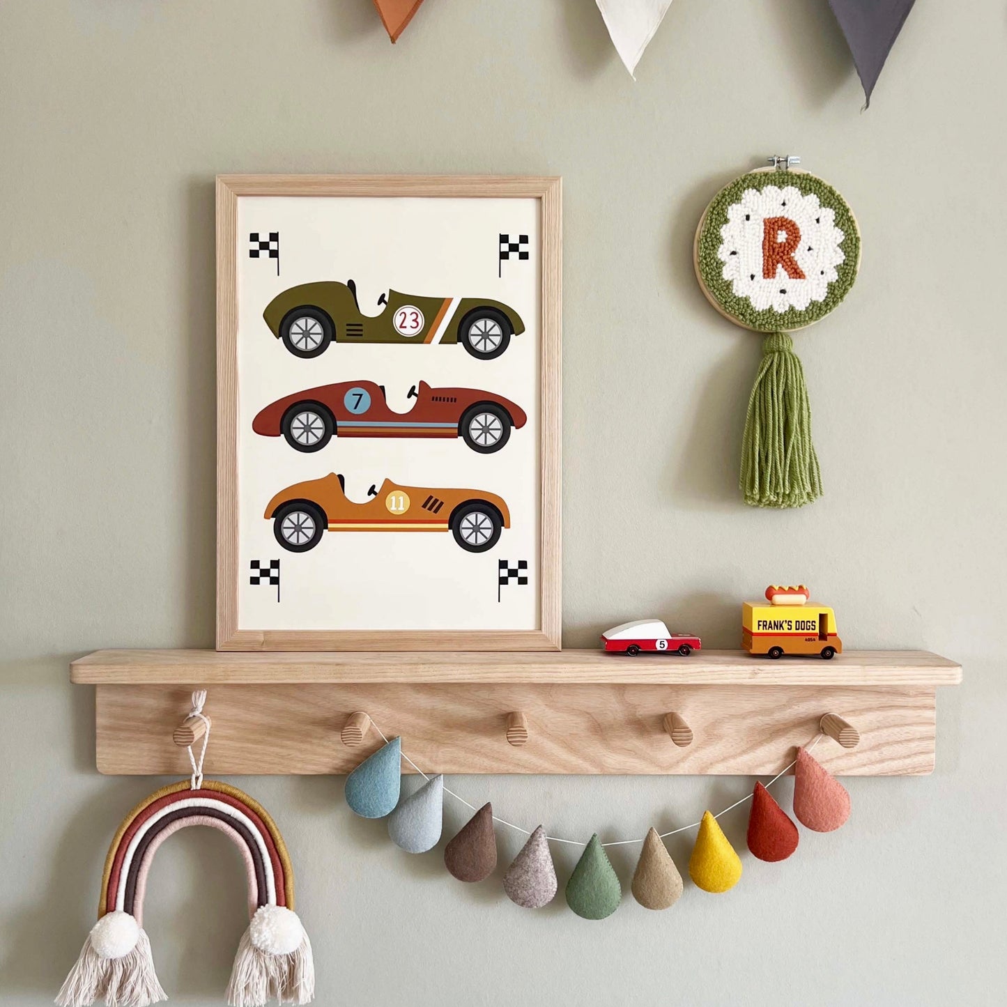 Kid of the Village Race Cars Art Print - Green/Brown/Orange