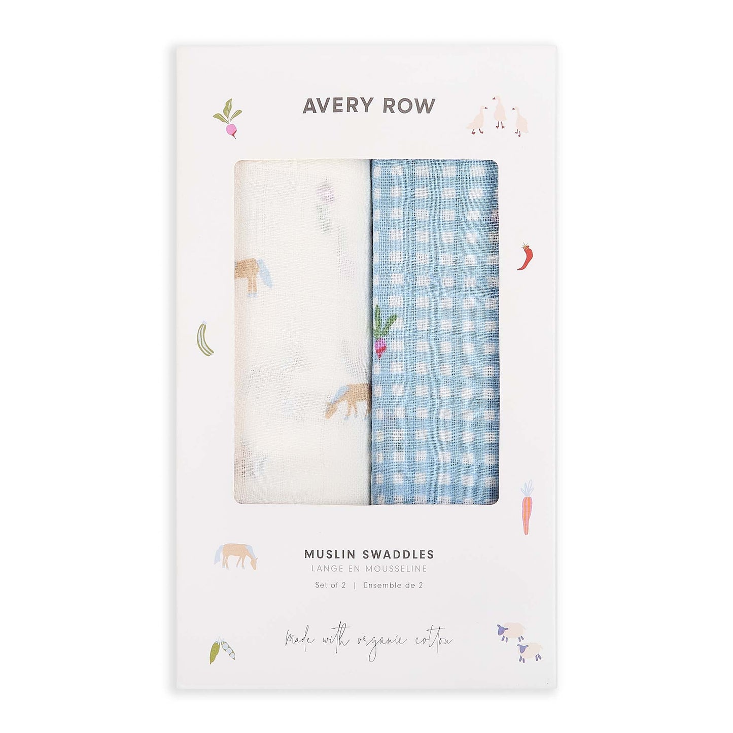 Avery Row Organic Baby Muslin Swaddles - 2 Pk - Little Farm/Radish