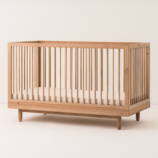 Wooden crib with white mattress on a plain background