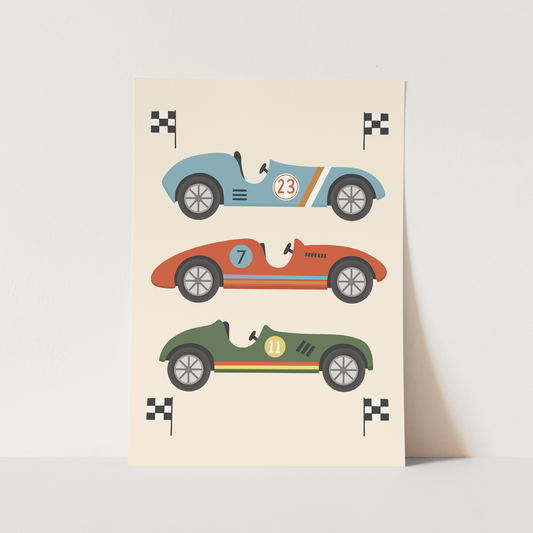 Kid of the Village Race Cars Art Print - Blue/Red/Green