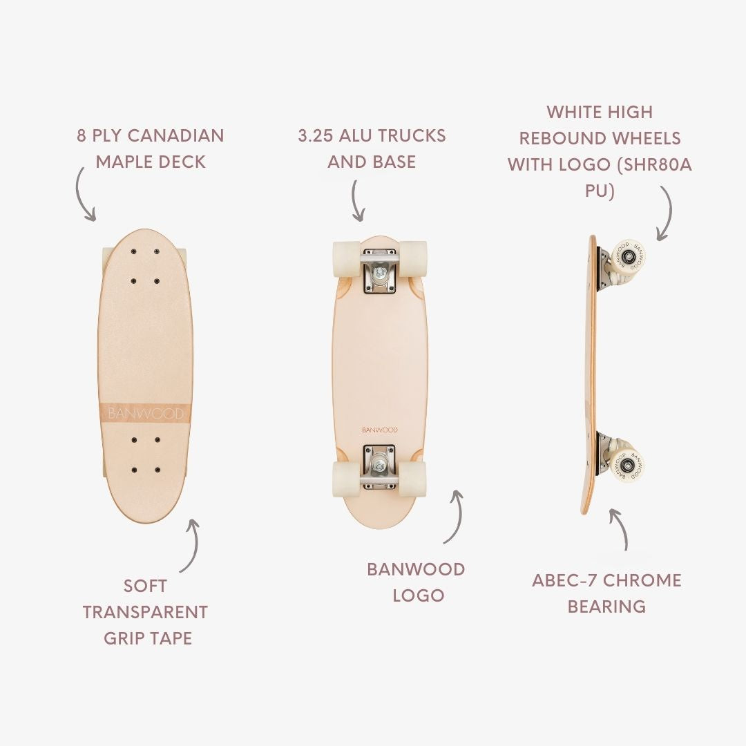 Detailed view of a skateboard with labeled components on a white background