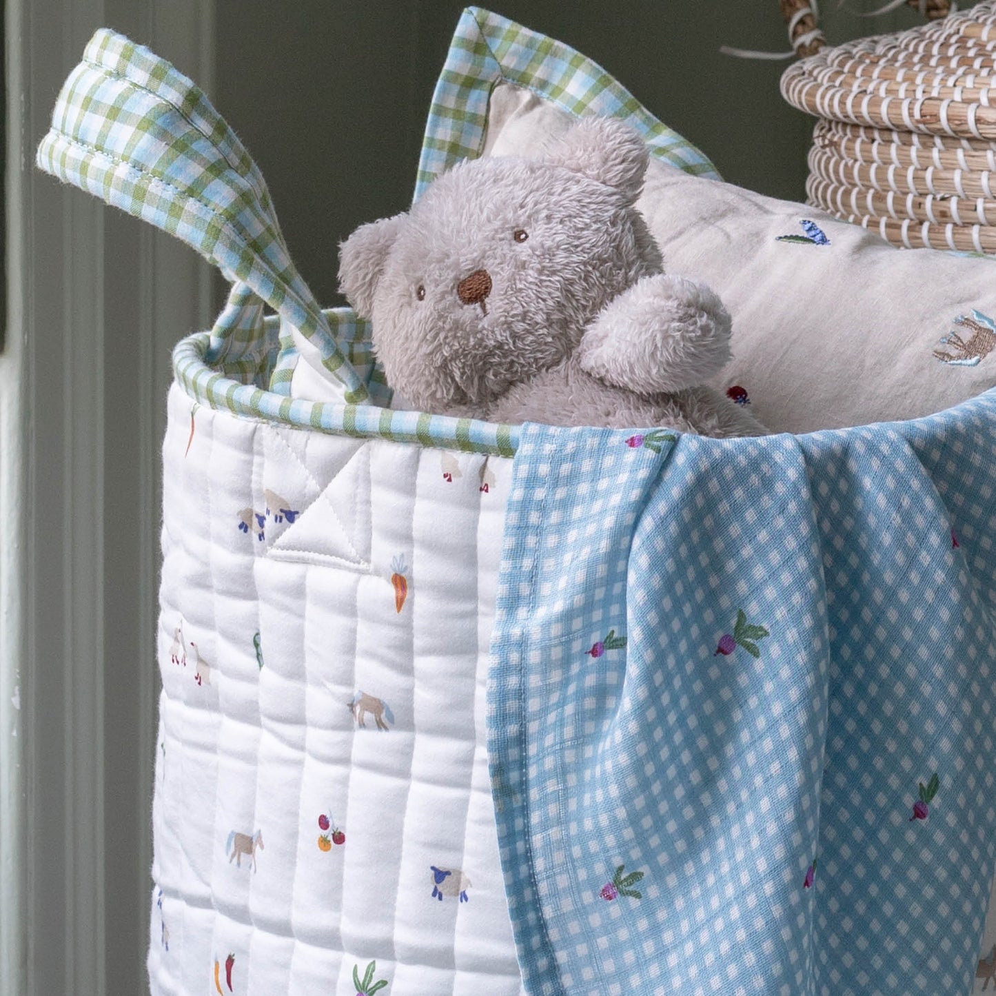 Avery Row Large Quilted Storage Basket - Greenhouse Gingham/Little Farm