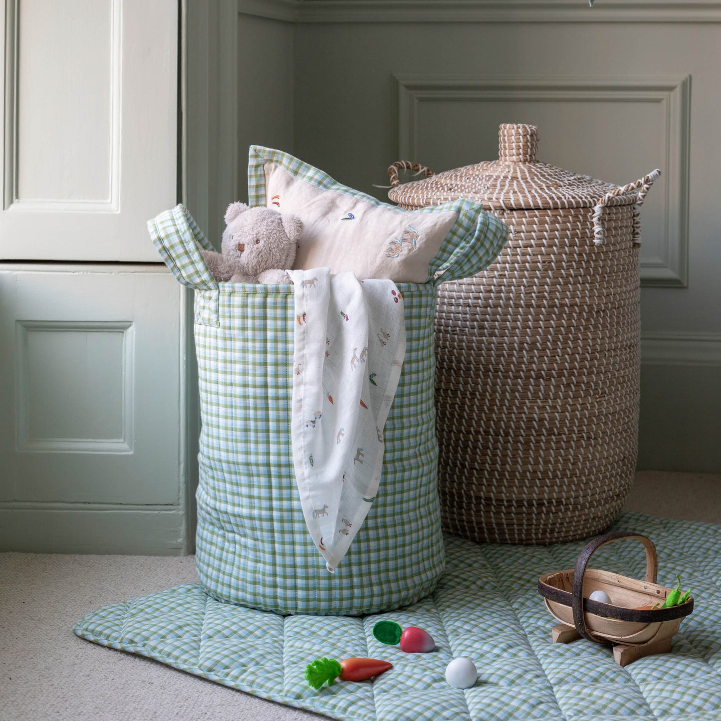 Avery Row Large Quilted Storage Basket - Greenhouse Gingham/Little Farm