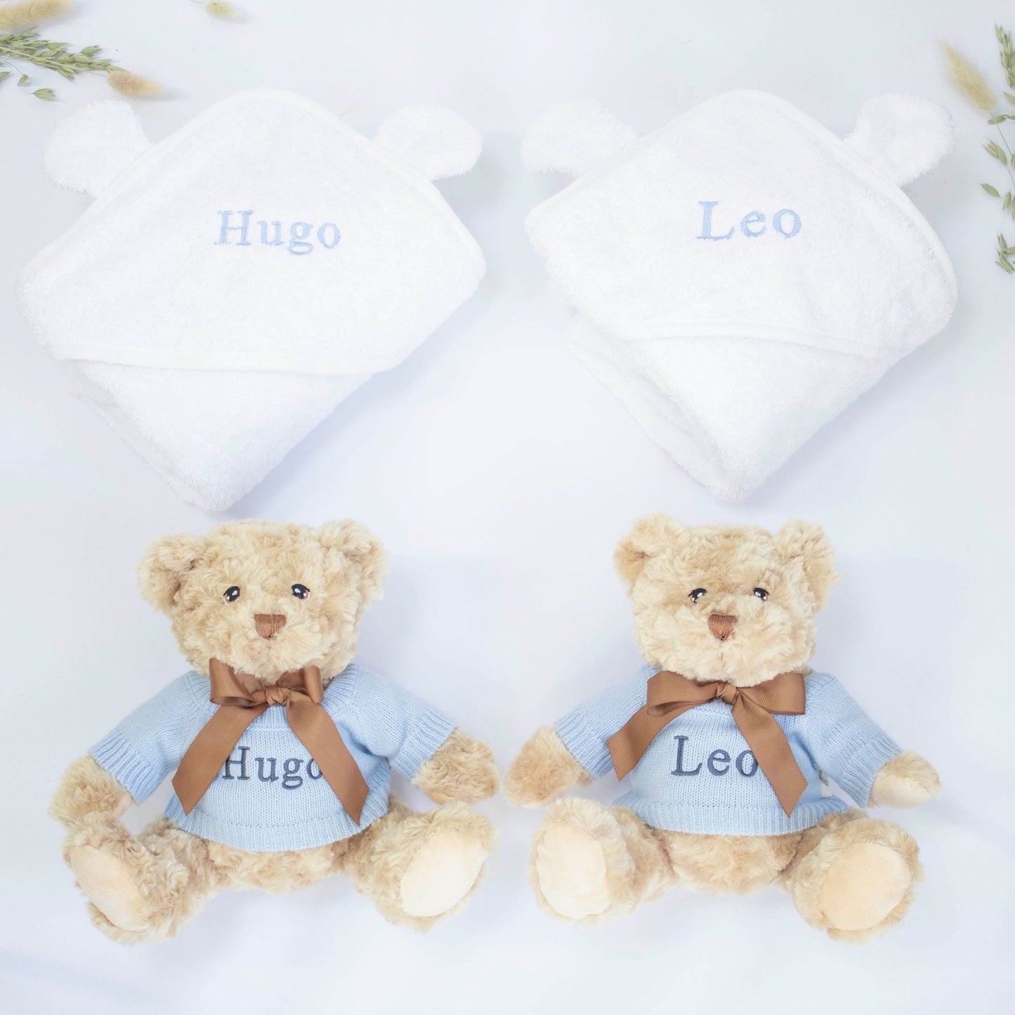 Twins Blue Teddy & Towel Personalised Baby Gift Set by The Baby Gifting Co.