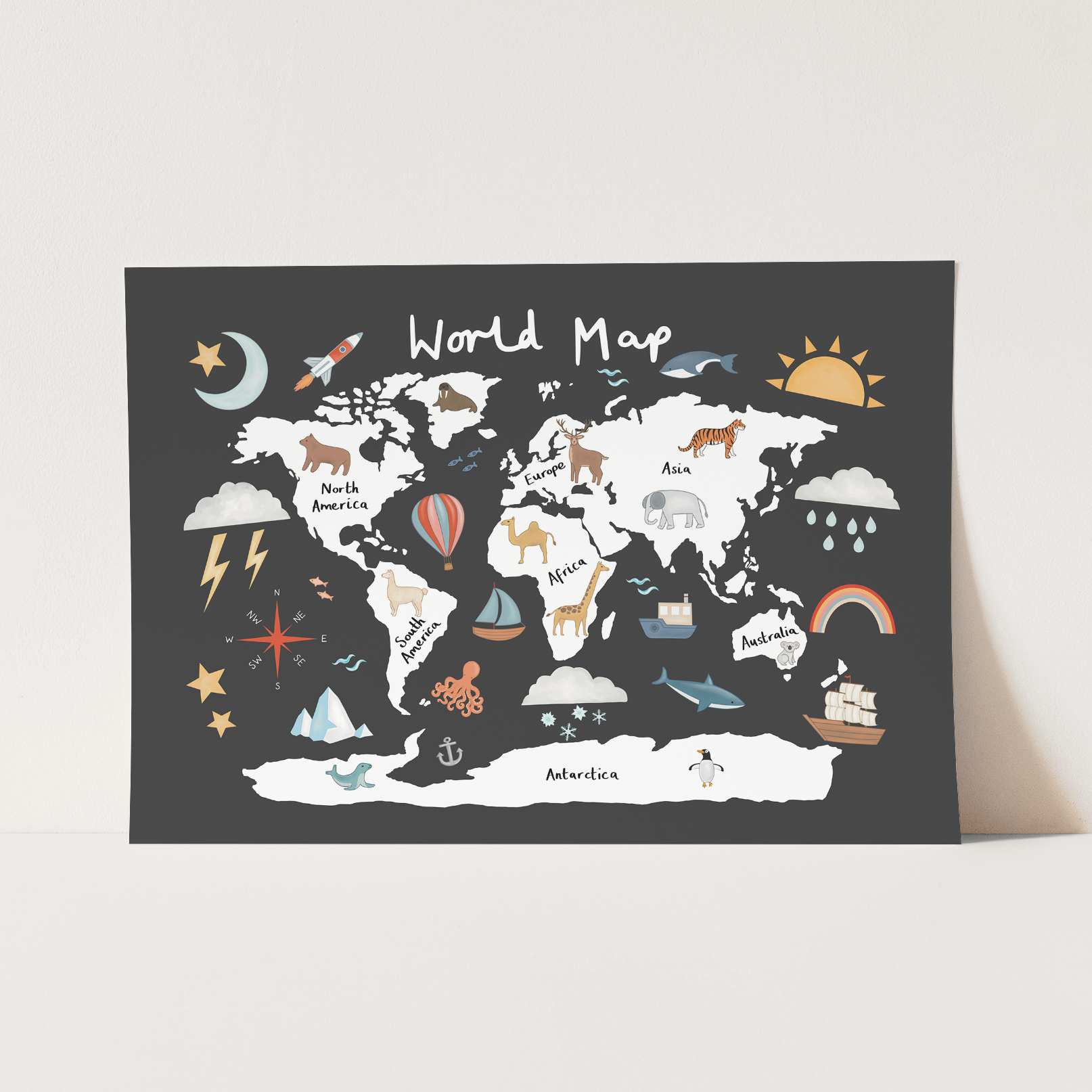 Kid of the Village World Map Art Print - Black