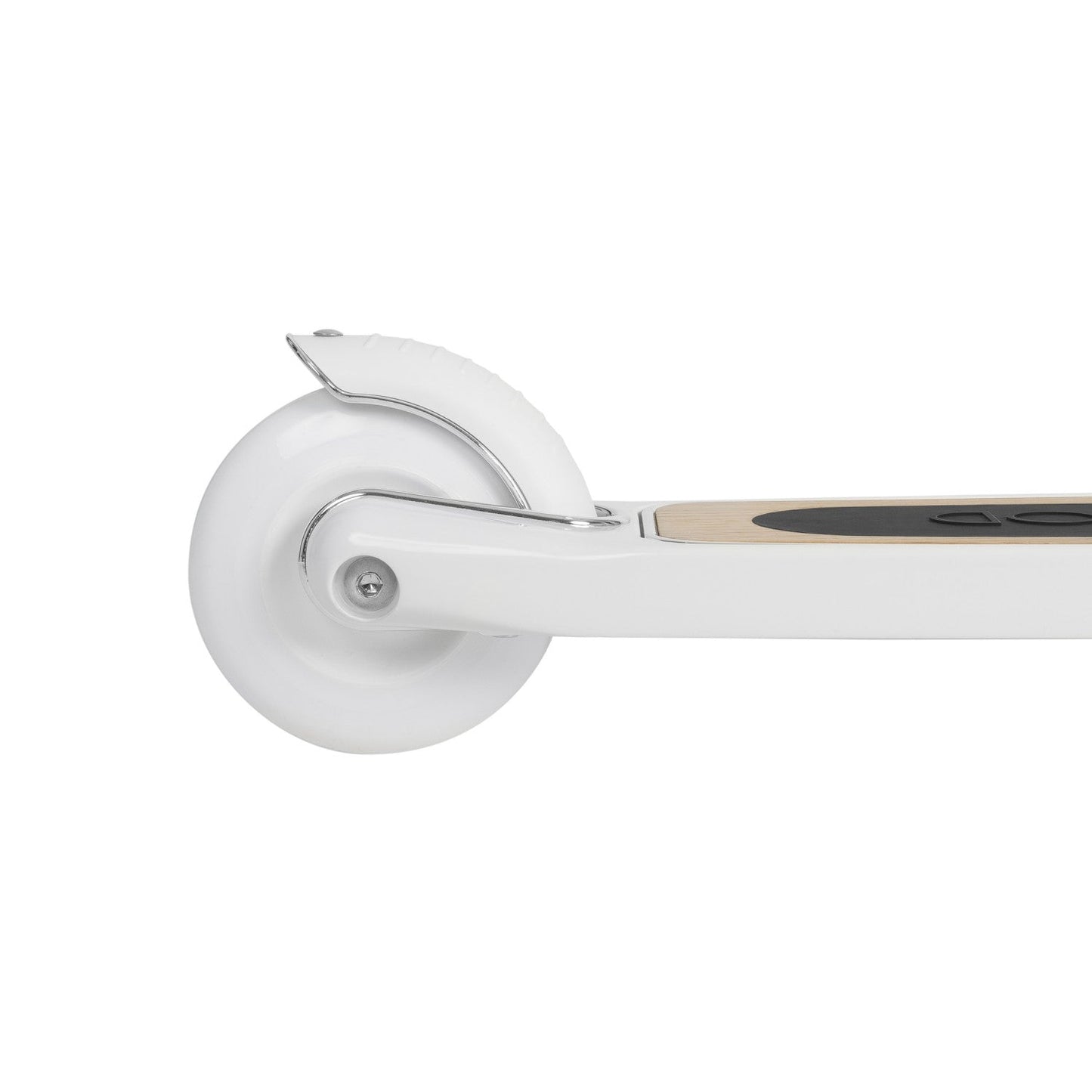 Close-up of a white pizza cutter with a metallic blade on a white background