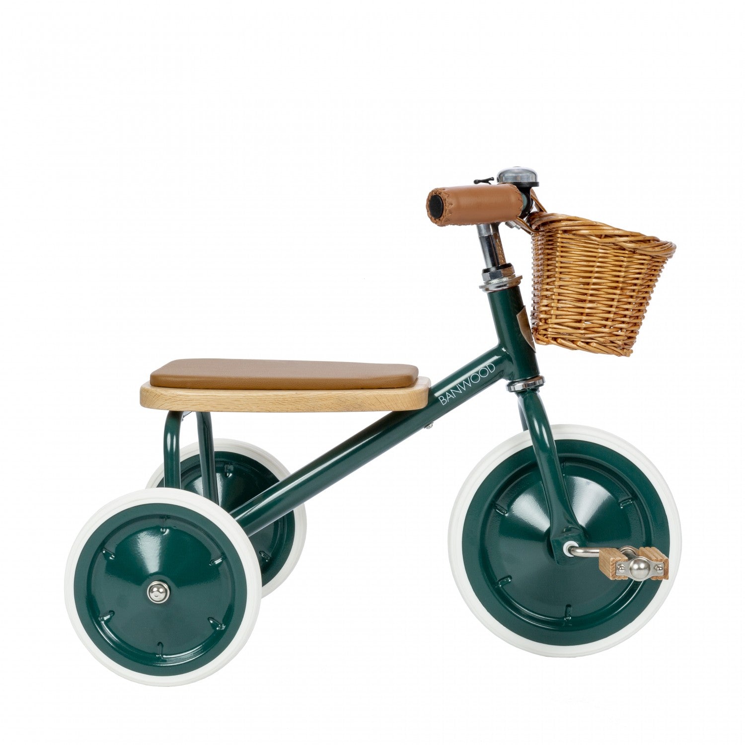 Green children's tricycle with a wooden seat and basket on a white background