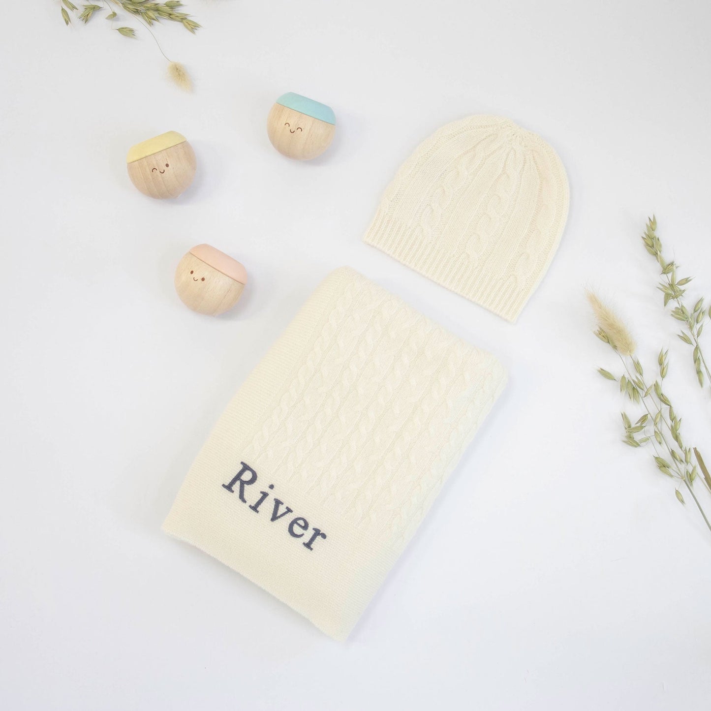 Ivory Cashmere & Sensory Balls Personalised Baby Gift Set by The Baby Gifting Co.