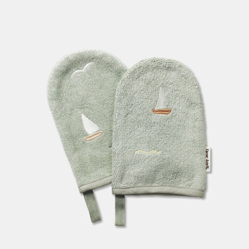 Dear April 2-Pack Paw Bath Gloves - Embroidered Terry - Sailboats