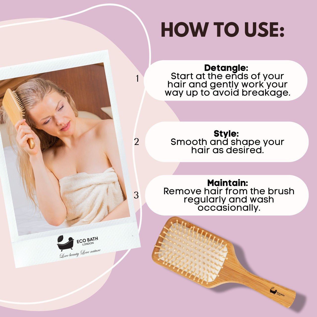 Eco Bath London Bamboo Hairbrush with Wooden Pins