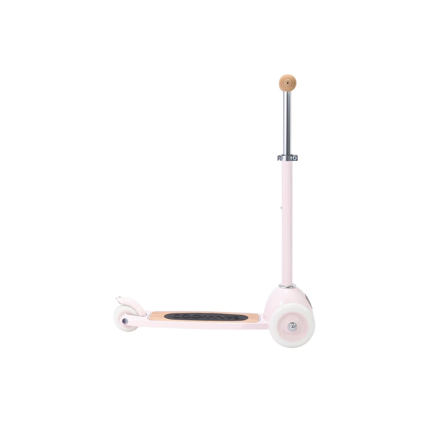 Pink scooter with wooden accents on a white background