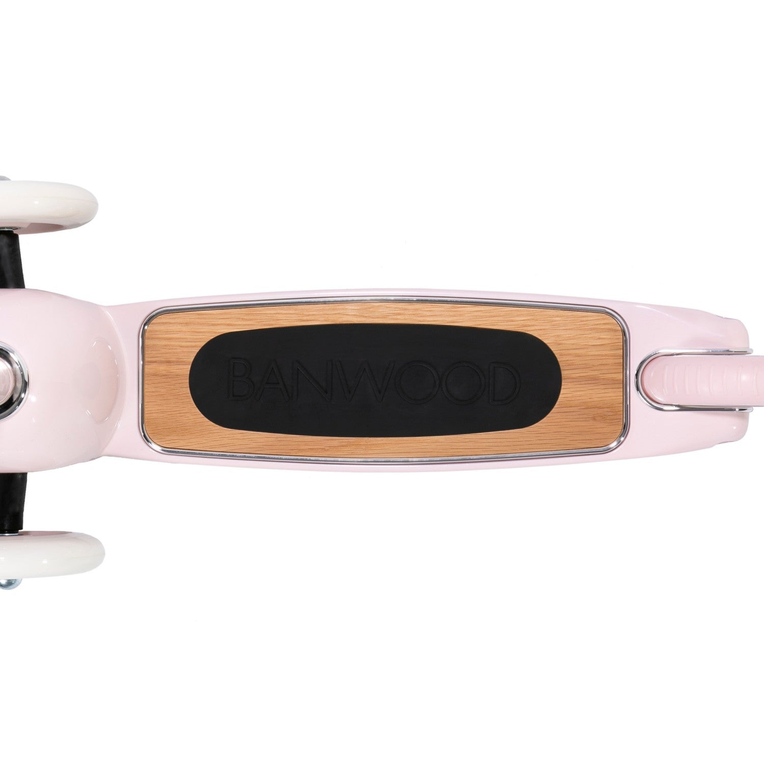 Close-up of a pink scooter with wooden label on a white background