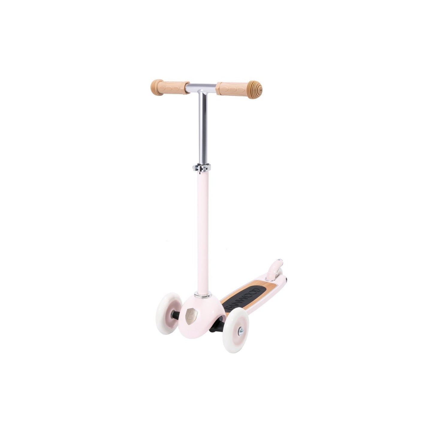 Children's scooter with pink body and wooden handlebar on a white background