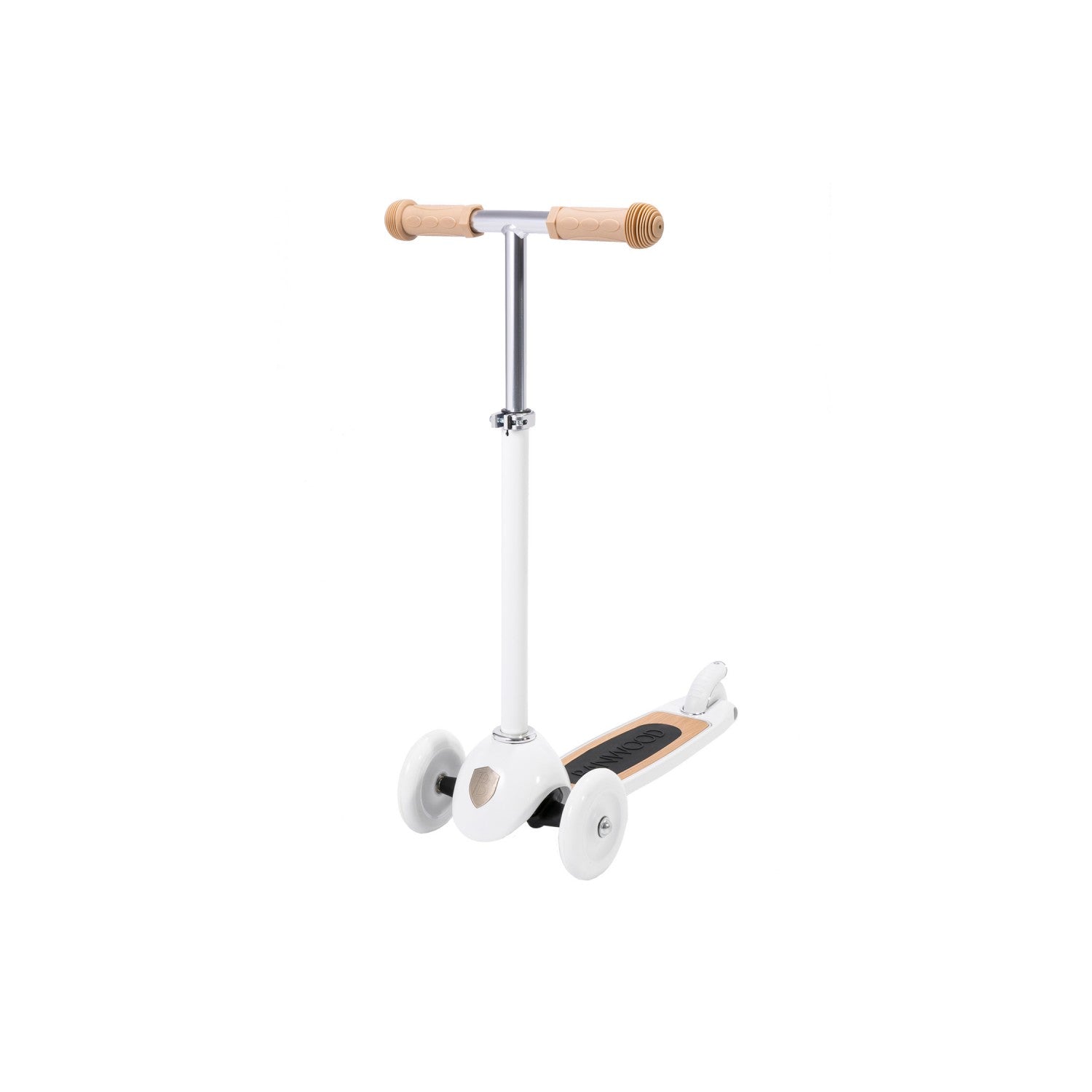 Children's scooter with wooden handlebar and wheels on a white background