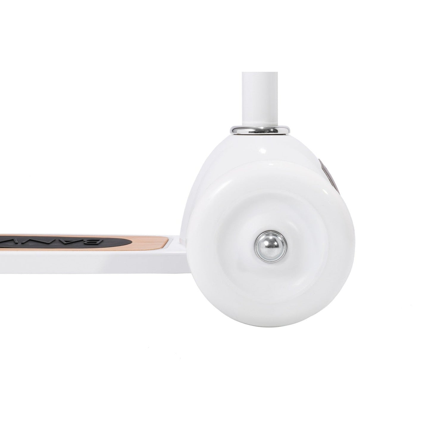 Close-up of a white scooter wheel with a visible brand logo on a white background