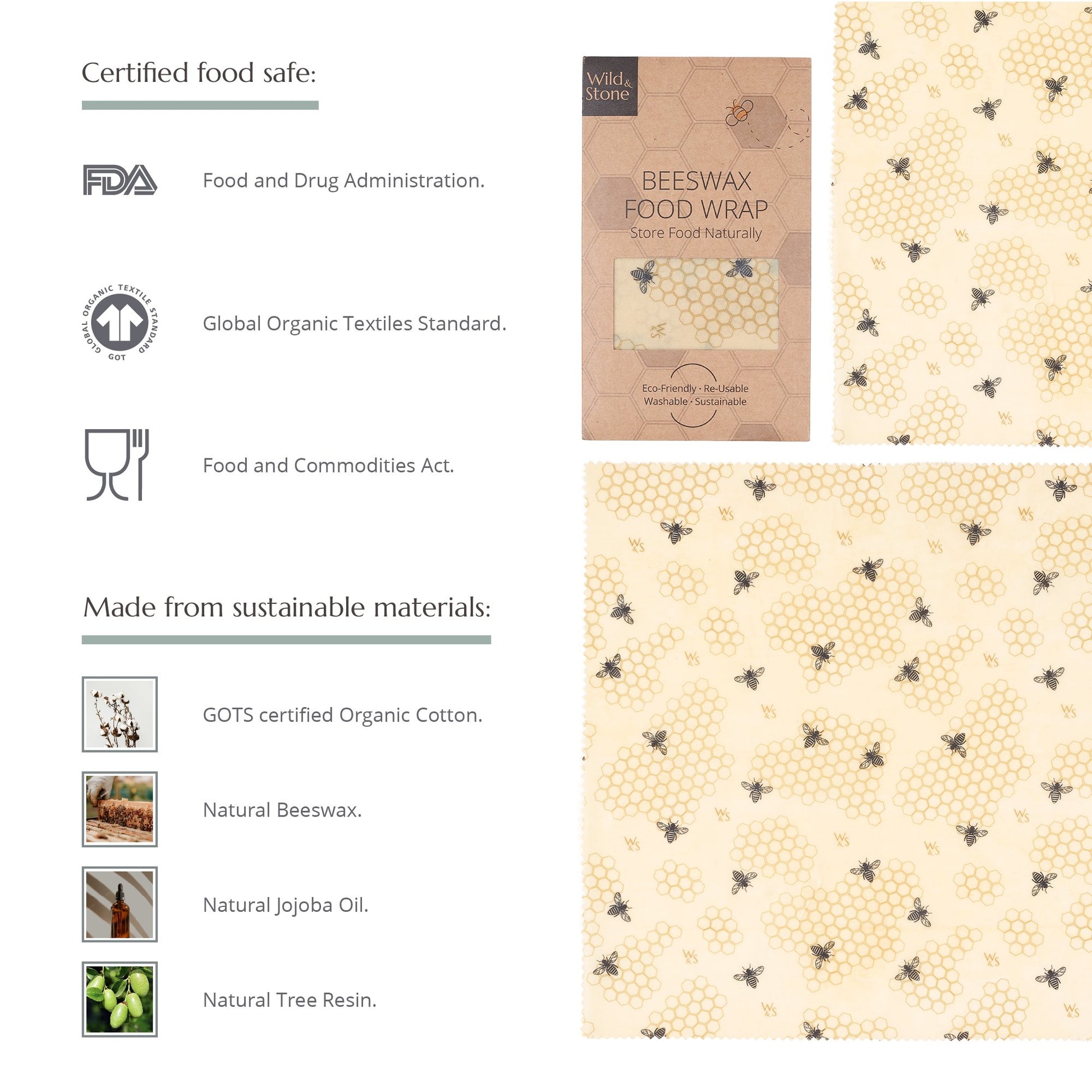 Wild & Stone Beeswax Eco Food Wraps - Honeycomb - 4 Pack